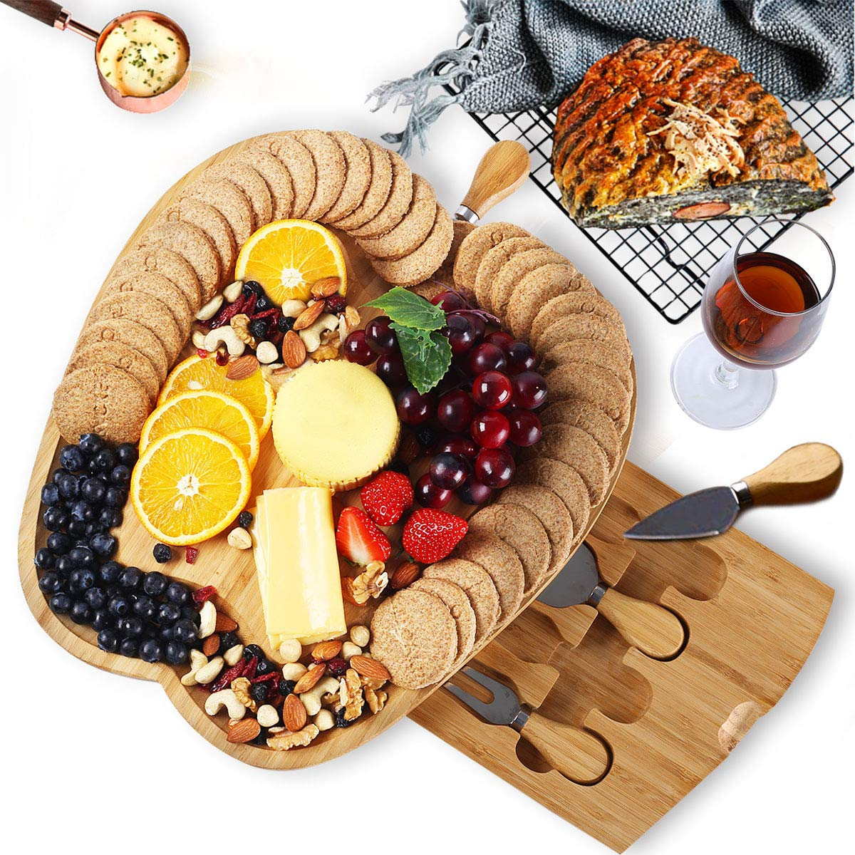 Rush To Sky Bamboo Cheese Board with Knives Set， 13-inch Brown Classic Charcuterie Board， Large Meat Cheese Serving Platter， Charcuterie Platter for Party Christmas