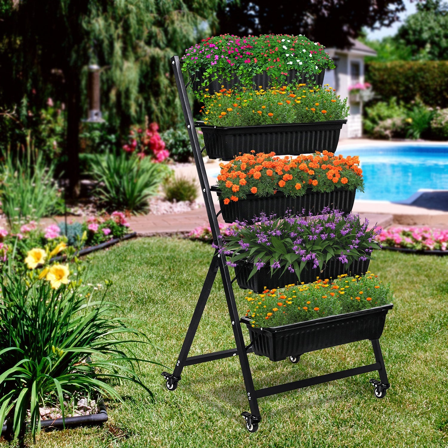 Raised Garden Bed - Vertical Garden Freestanding Elevated Planters 5 Container Boxeswith Wheels - Good Patio Balcony Indoor Outdoor