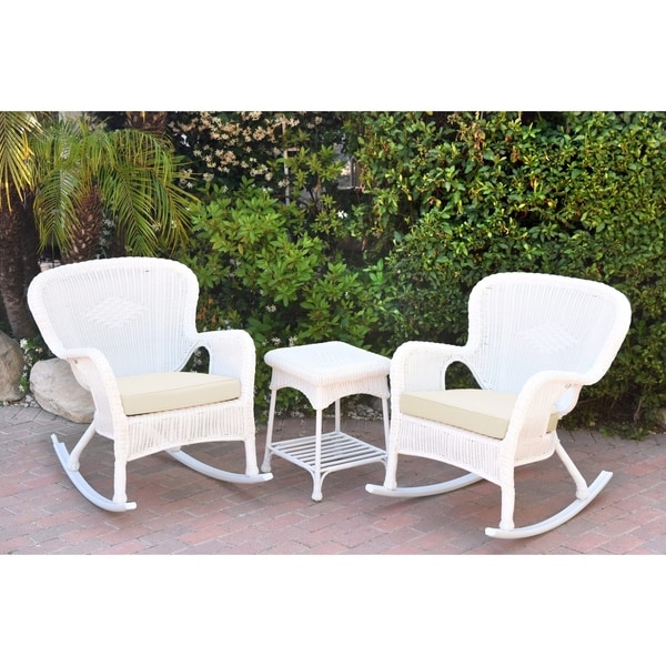 Windsor White Wicker Rocker Chair And End Table Set with Chair Cushion