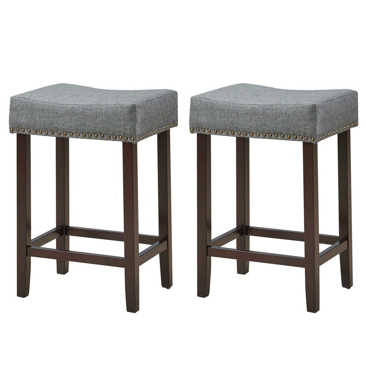 2 pcs Nailhead Saddle Bar Stools with Fabric Seat and Wood Legs-Gray - 17.5