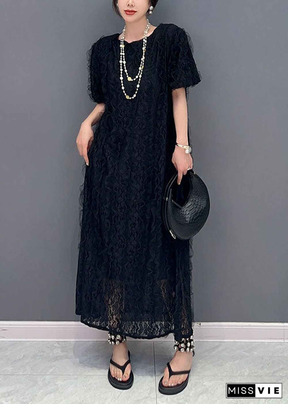 Boutique Black O-Neck Ruffled Patchwork Long Lace Dress Summer