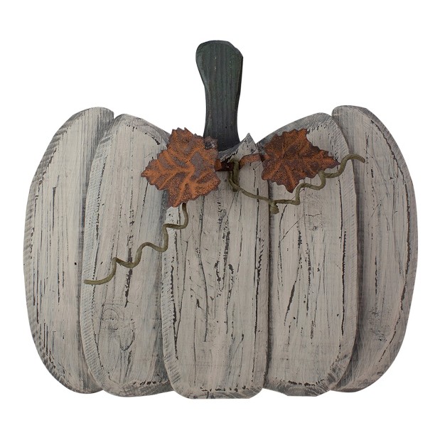 Small White Wooden Fall Harvest Pumpkin With Leaves And Stem