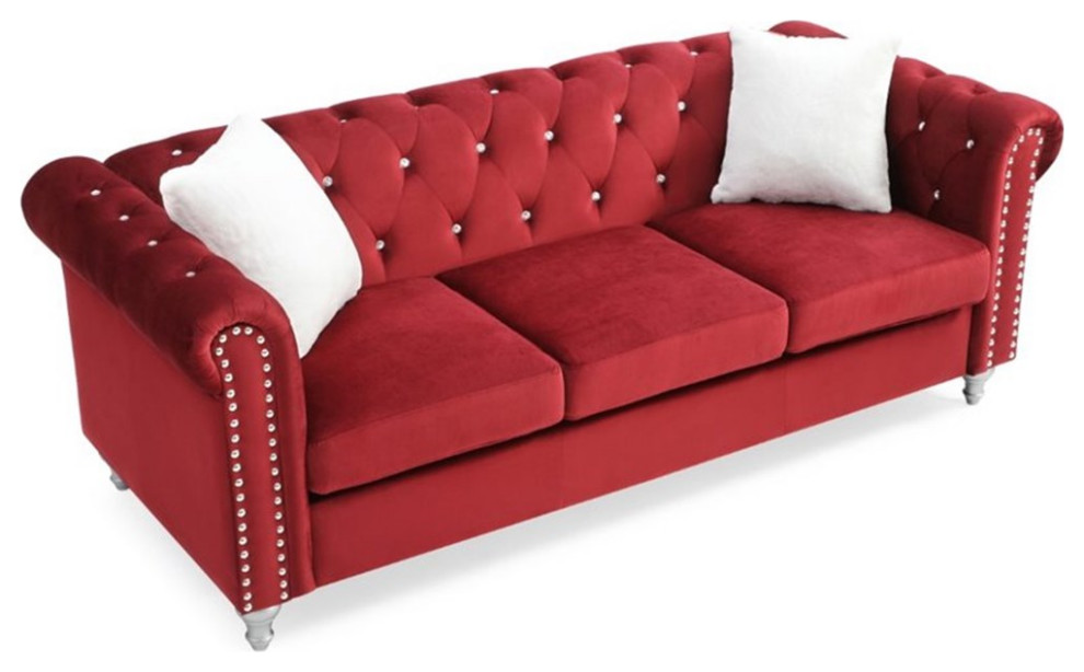 Maklaine Contemporary styled Soft Velvet Sofa in Burgundy Finish   Eclectic   Sofas   by Homesquare  Houzz