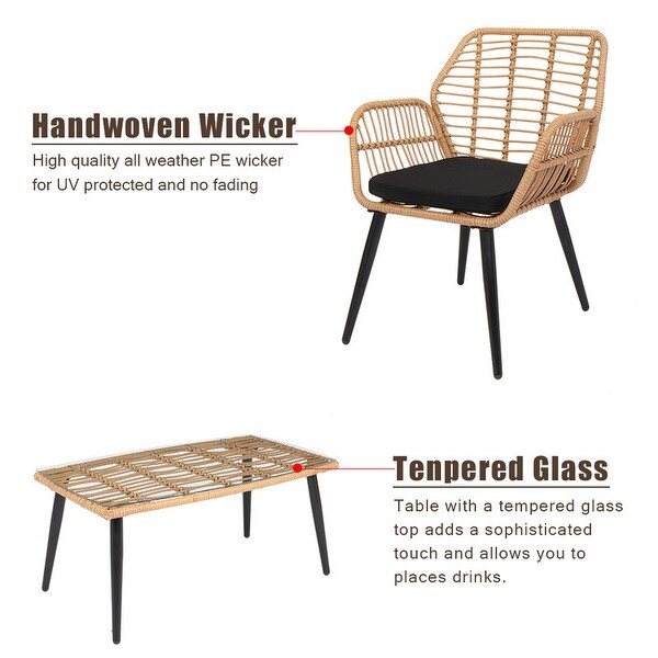 Wicker Rattan Patio Conversation Set with Tempered Glass Table