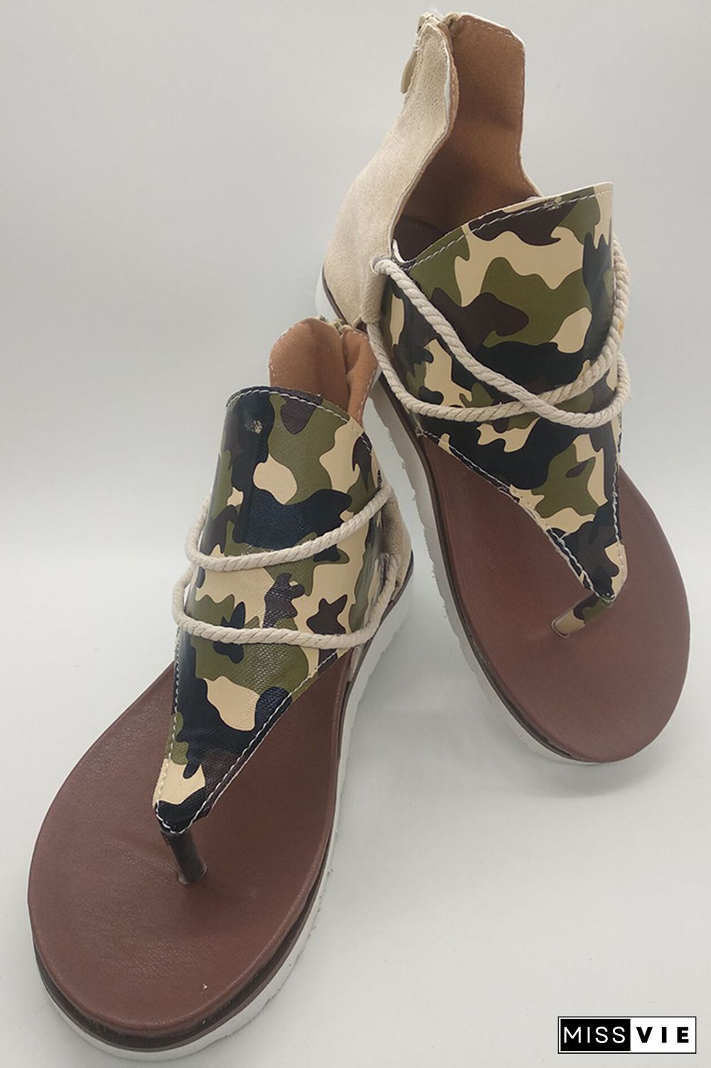 Camo Print Zipper Flat Sandals