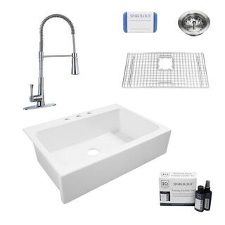 SINKOLOGY Josephine All-in-One Quick-Fit Farmhouse Fireclay 33.85 in. 3-Hole Single Bowl Kitchen Sink with Pfister Zuri Faucet SK450-34FC-MCCB