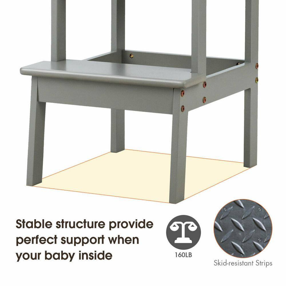 WELLFOR 2-Step Pine Wood Step Stool 330 lbs. Learning Toddler Tower with Safety Rail in Gray BB-HGY-5551GR