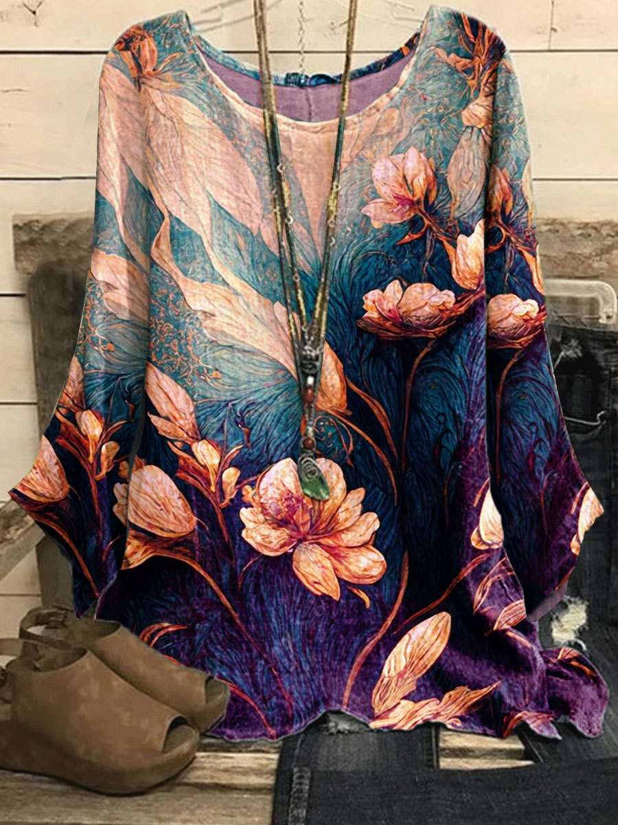 Round Neck Casual Loose Floral Print Long Sleeve Blouse