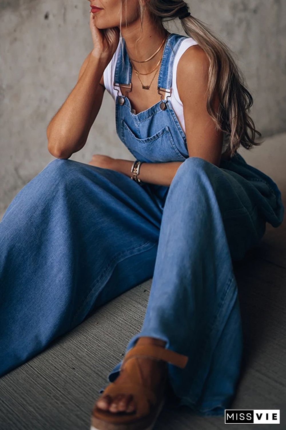 Denim Wide Leg Suspenders Jumpsuit