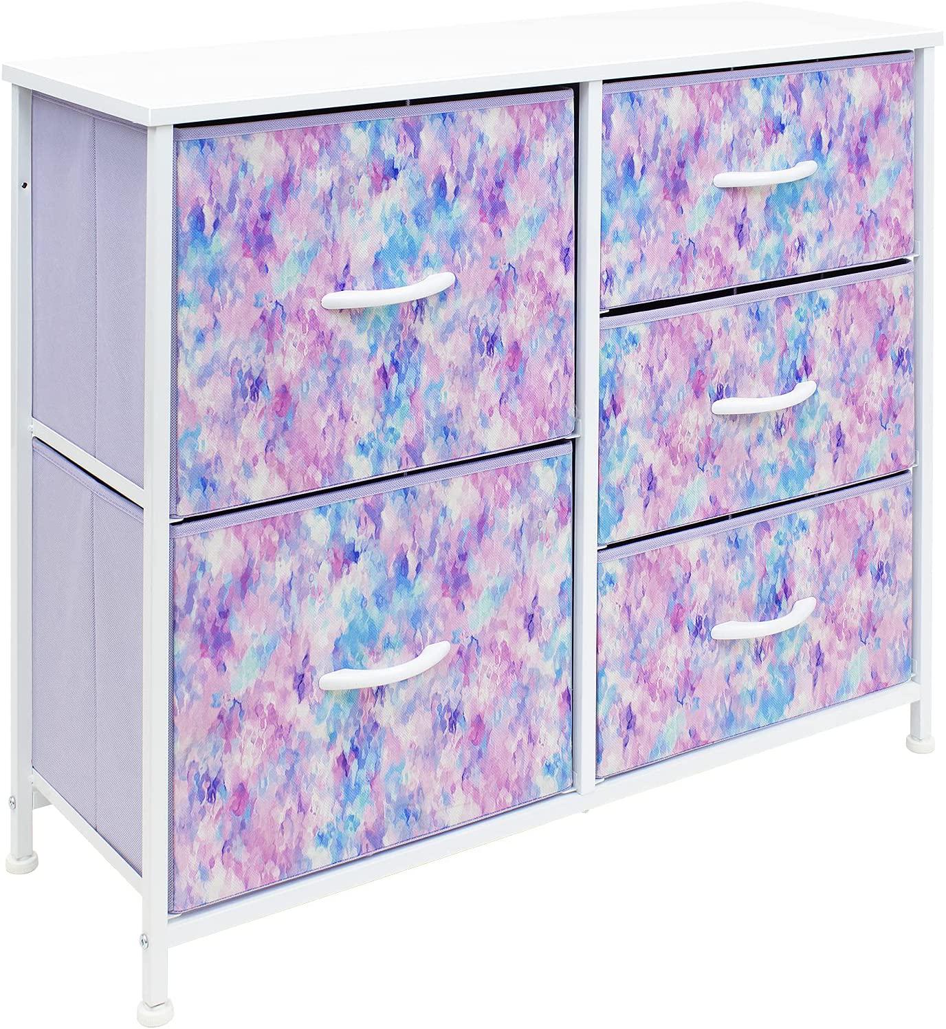 Sorbus Dresser with 5 Drawers 8211 Furniture Storage Chest for Kida s Teens Bedroom Nursery Playroom Clothes Toys 8211 Steel Frame Wood Top Tiedye Fabric Bins (Blue