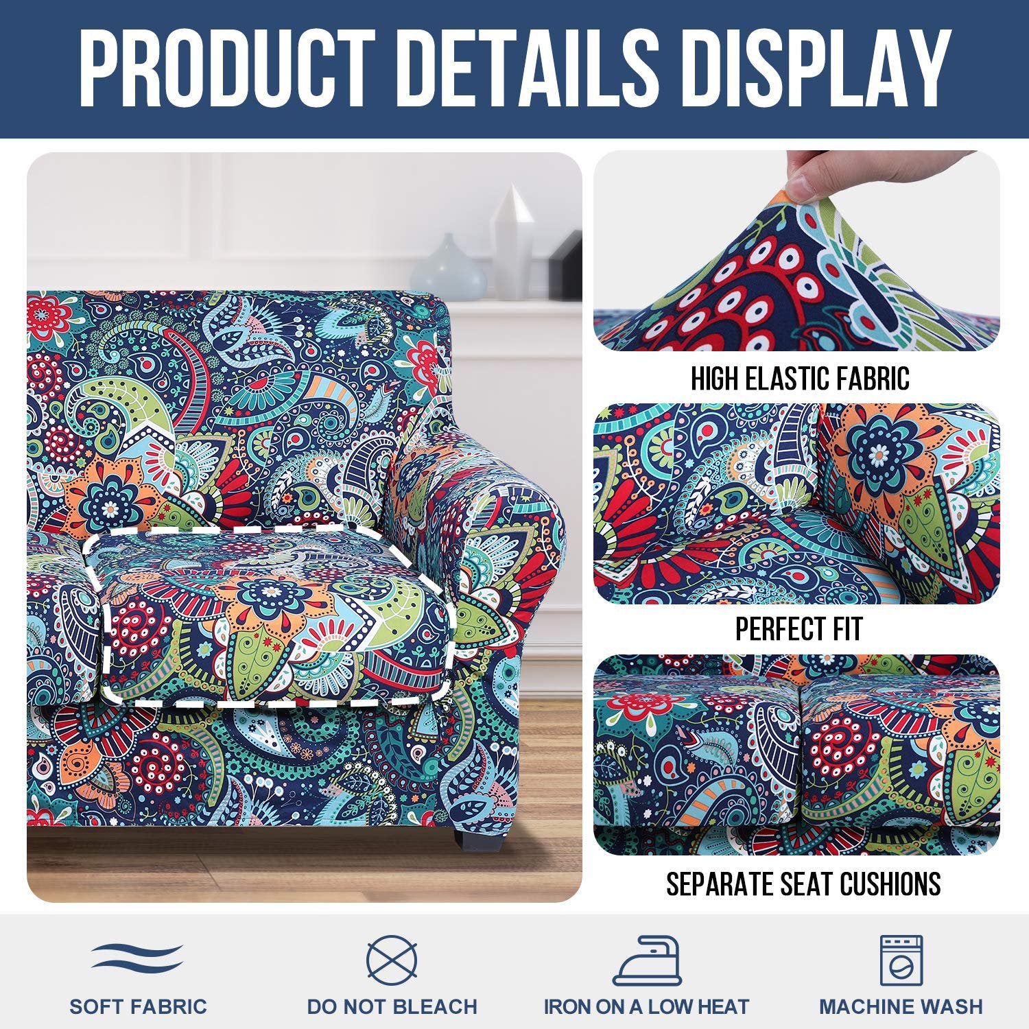 Smiry Couch Chair Cover with 1 Separate Cushion Cover, Stretch Elastic 1-Seater Sofa Cover, Paisley Floral