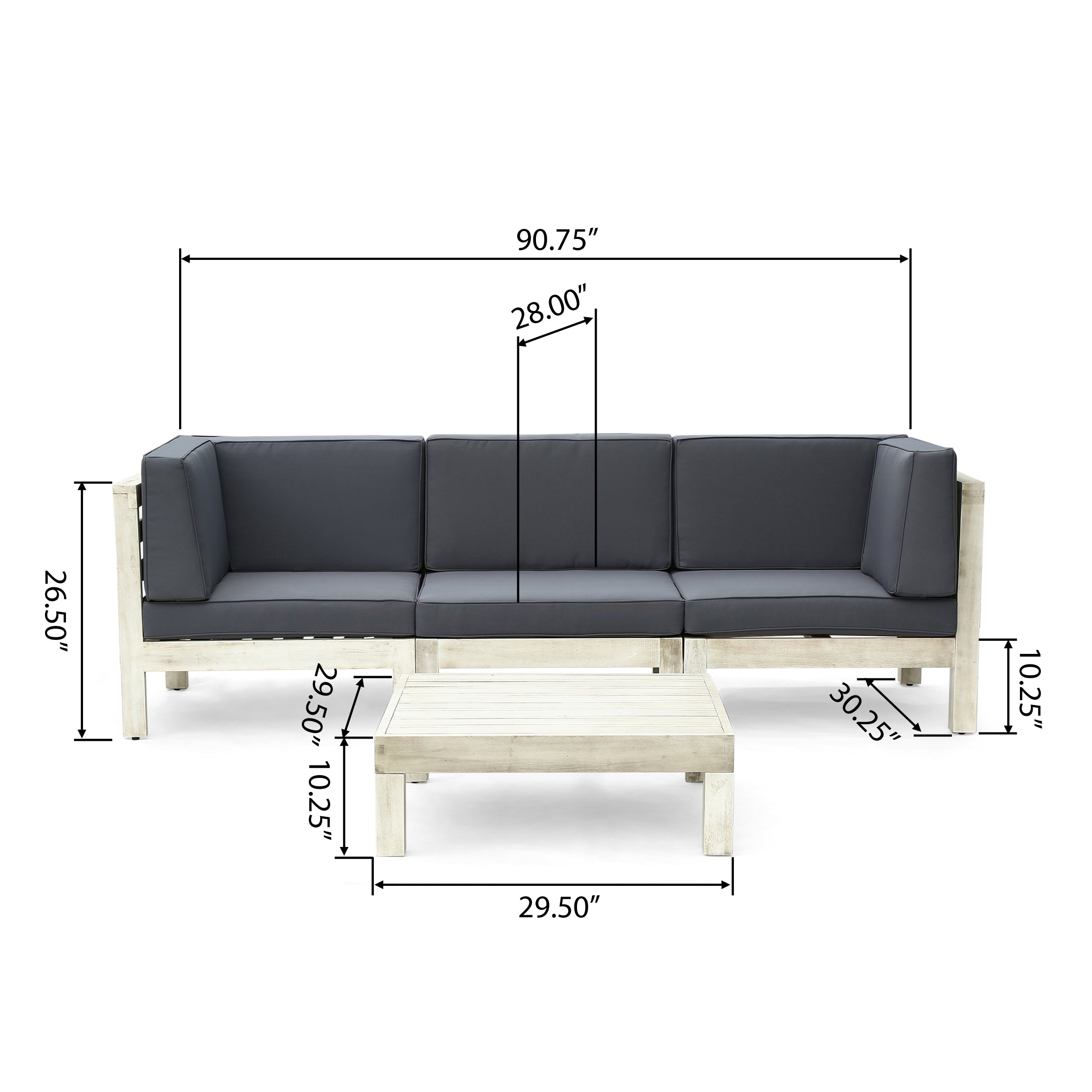 Dawson Outdoor Sectional Sofa Set with Coffee Table - 4-Piece 3-Seater - Acacia Wood - Outdoor Cushions