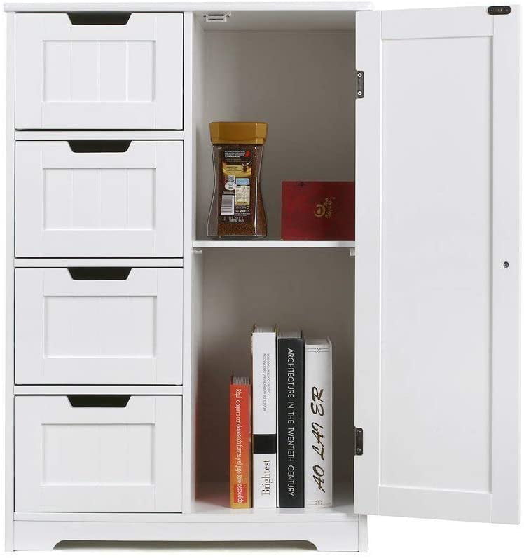 Homfa 4 Drawer Storage Cabinet, Wooden Cupboard Linen Bathroom Cabinet, White Finish