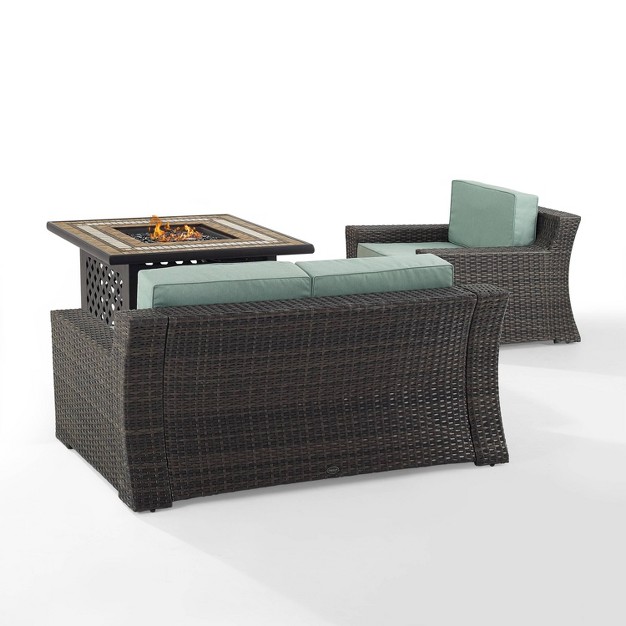 Beaufort 3 Pc Outdoor Wicker Conversation Set Loveseat And Chair With Fire Table Mist brown Crosley