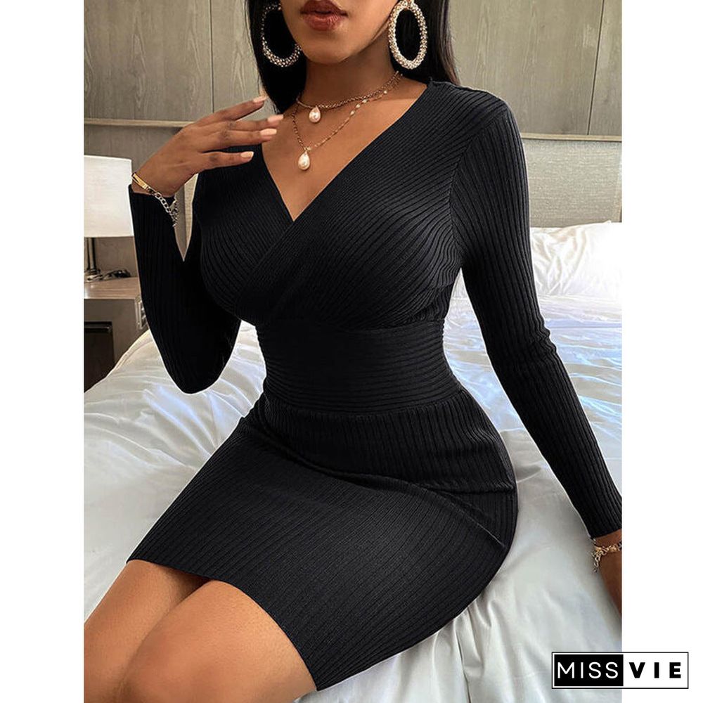 Casual V Neck Long Sleeve Bodycon Sweater Mini Dress