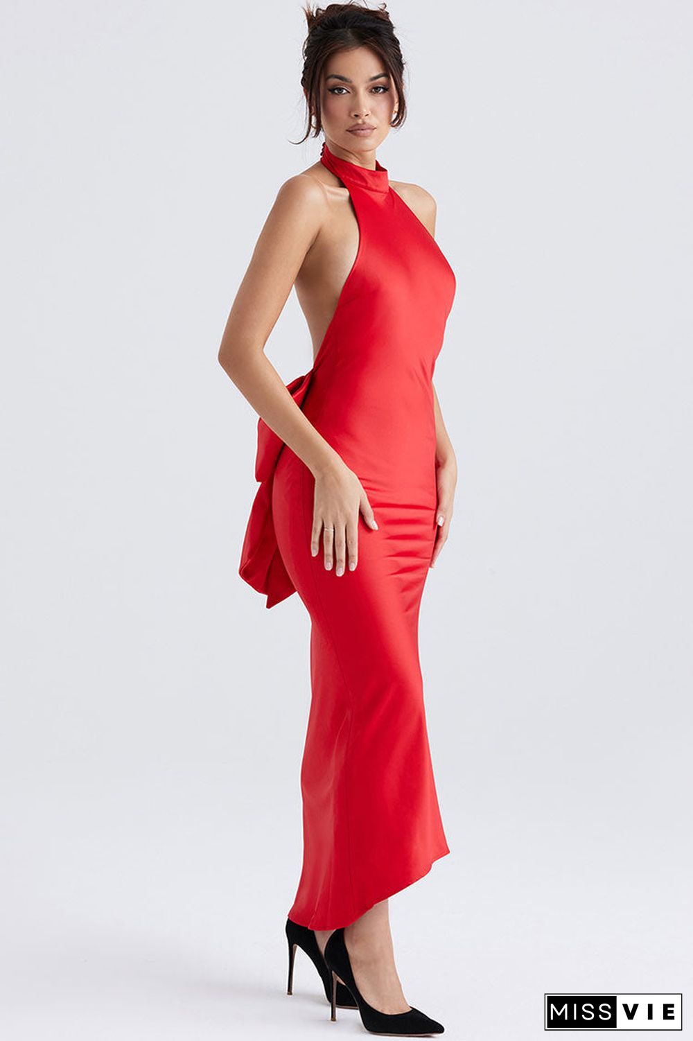 Holiday Oversized Bowknot Backless Halter Satin Evening Maxi Dress - Red