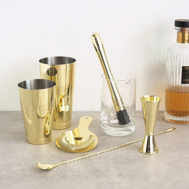 Viski Gold Cocktail Shaker Set Gold Bar Set For Cocktails Shaker Mixing Glass Barspoon And Bartender Accessories Stainless Steel Set Of 7