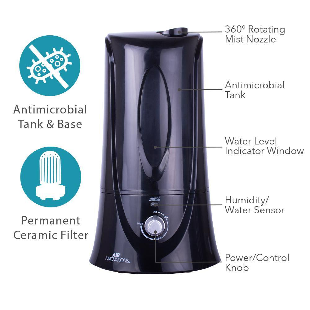 Air Innovations 1.1 Gal. Cool Mist Humidifier for Medium Rooms Up To 400 sq. ft. HUMID12-BLK