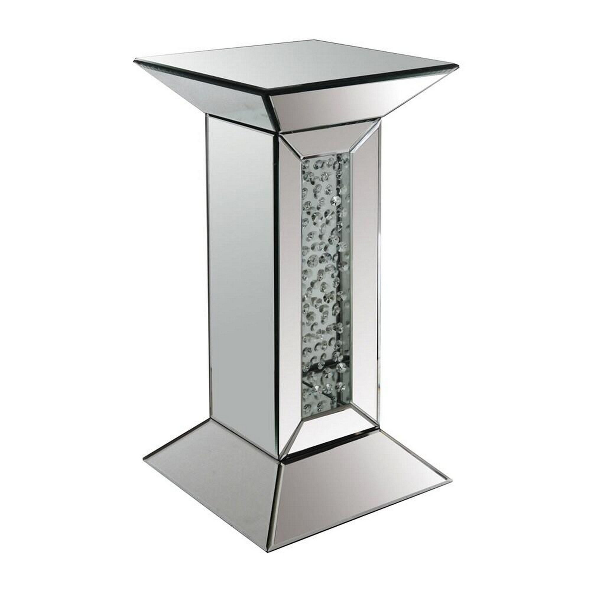 24 Inch Modern End Table， Square Mirror Top， Faux Crystals Inlay， Silver