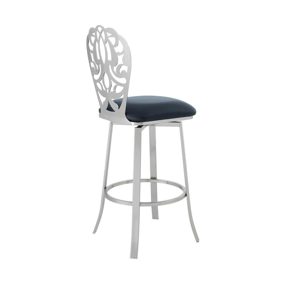 Armen Living Aletris Contemporary 30 in. Bar Height in Brushed Stainless Steel Finish and Grey Faux Leather Bar Stool 721535737635