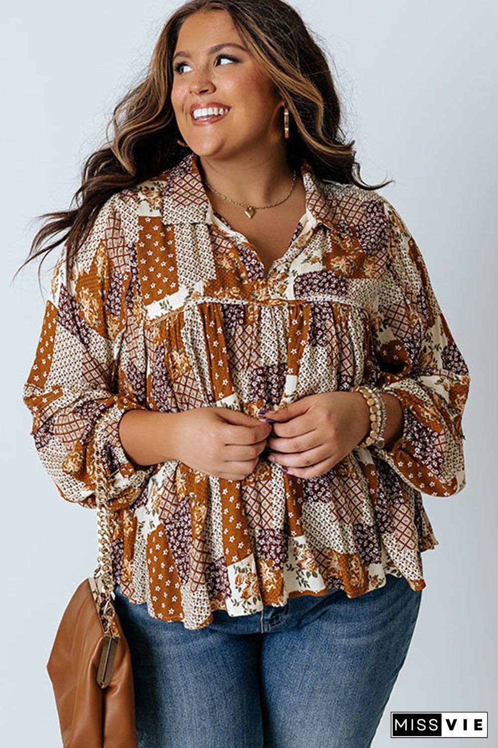 Apricot Turn-down Neck Mixed Print Plus Size Shirt