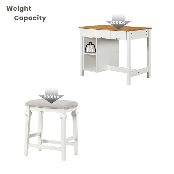 Farmhouse Kitchen Island set， including 2 stools and dining table with lockers， drawers and fallen leaves