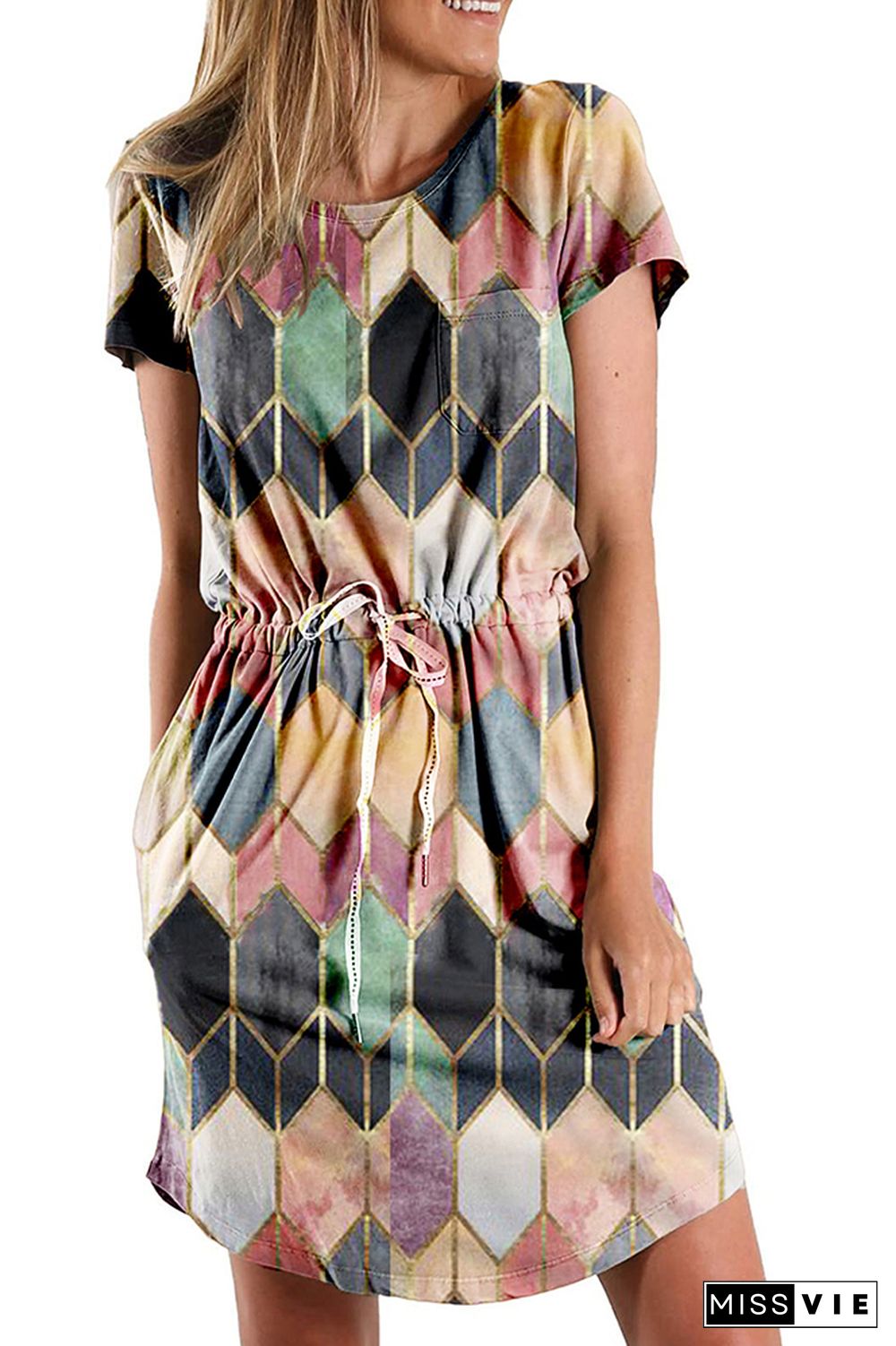 Argyle Print Drawstring Short Sleeve Geometric Dress