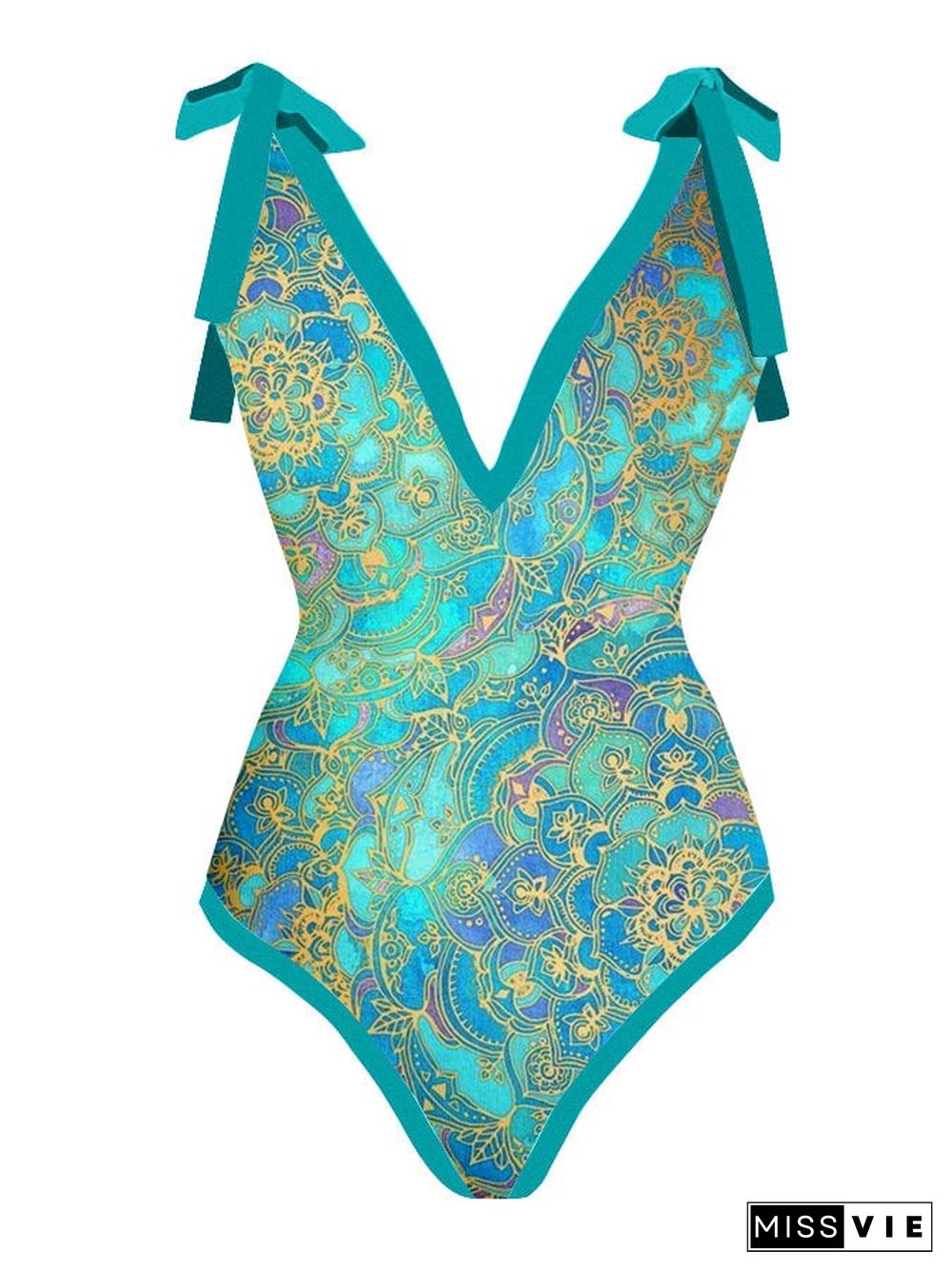 Vintage V-Neck Colorblock Print One-Piece Swimsuit