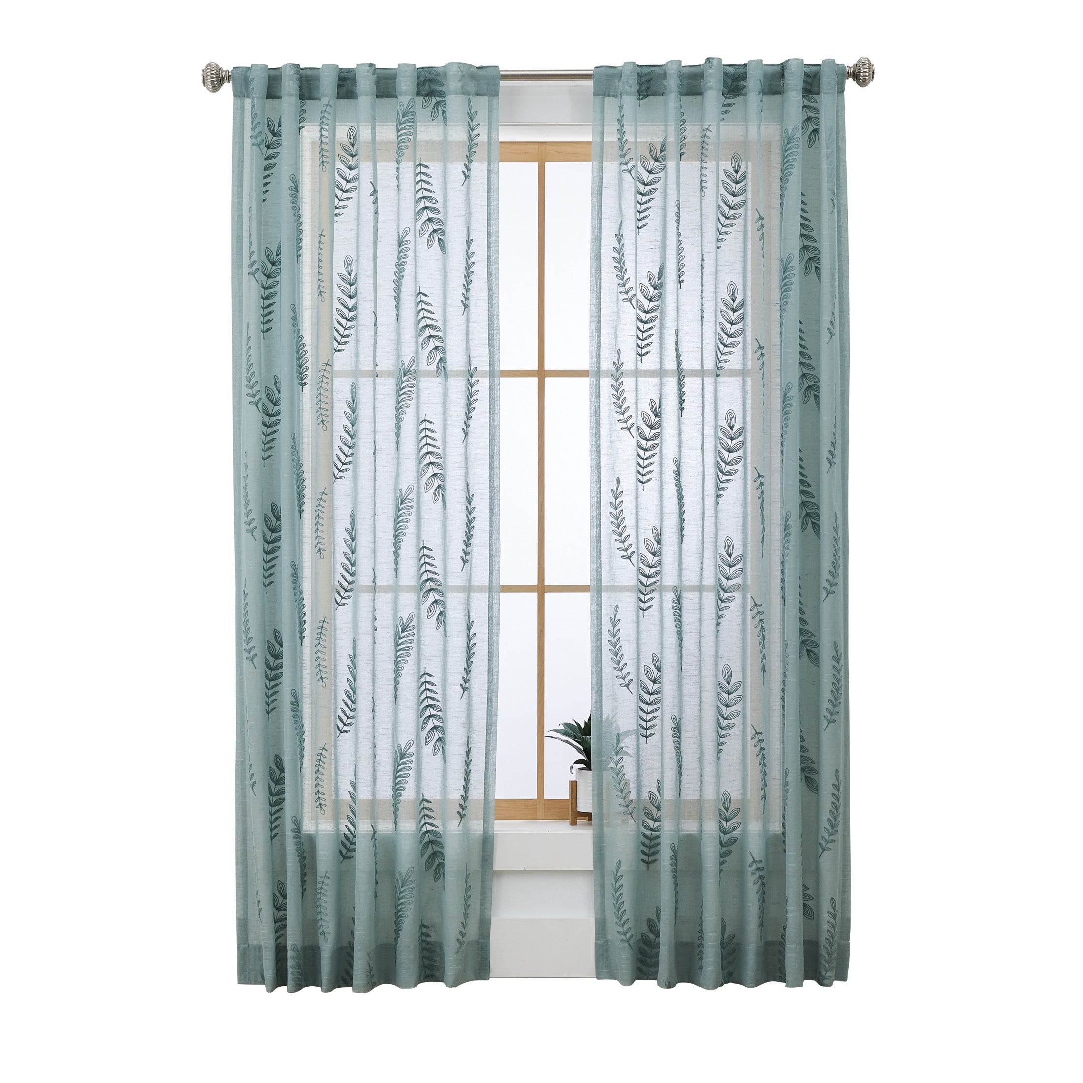 Better Homes & Gardens Embroidered Botanical Sheer 108Single Curtain Panel Green River , Polyester Linen