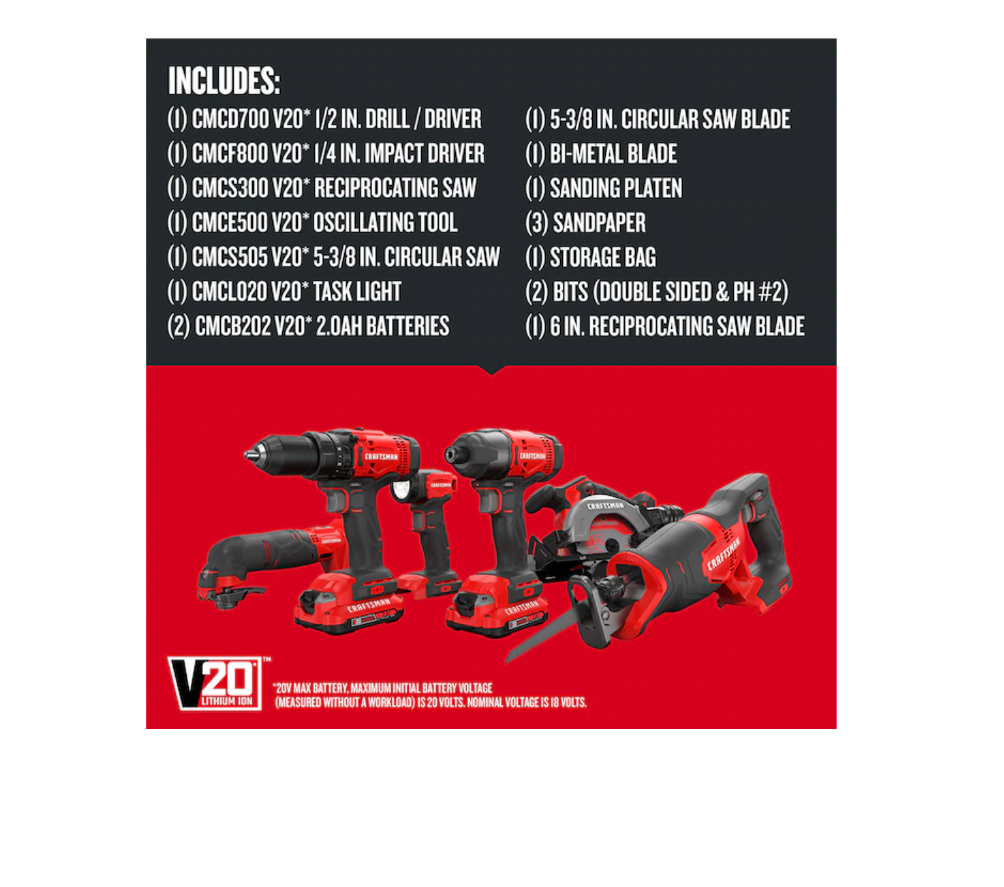 CRAFTSMAN CMCK601D2 V20 6-Tool 20-volt Max Power Tool Combo Kit with Soft Case (2-Batteries Included and Charger Included)