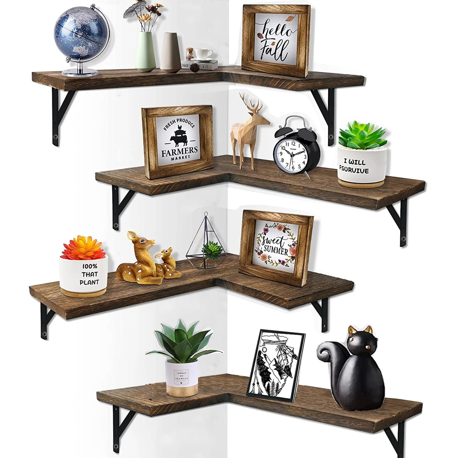 4 Tier Corner Floating Shelves Wall Mounted Set of 4, Rustic Wood Corner Shelf L-Shaped Wall Shelves Storage for Bedroom, Living Room, Bathroom, Kitchen, Office - Carbonized Black