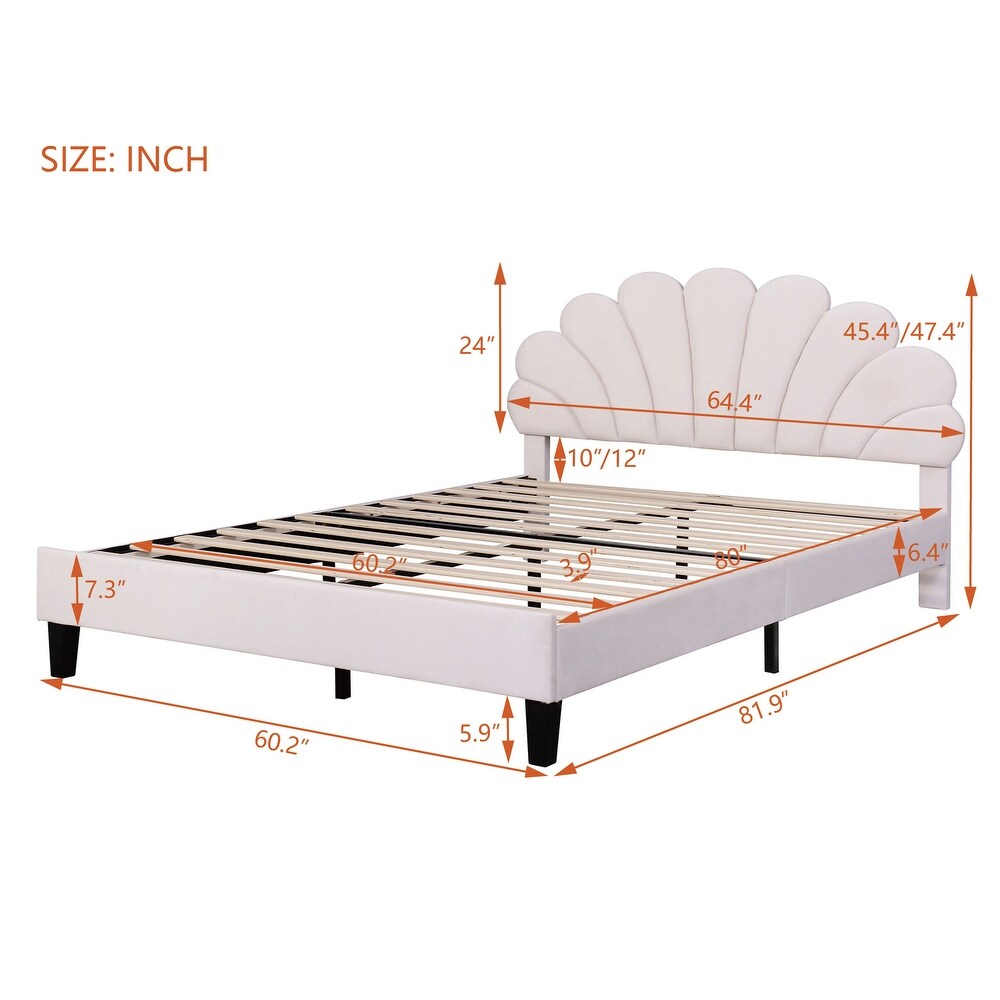 Far Ahead Theme Velvet Platform Bed Upholstered Bed with Flowers Shaped Headboard  Wood Slat Platform Bed for Bedroom