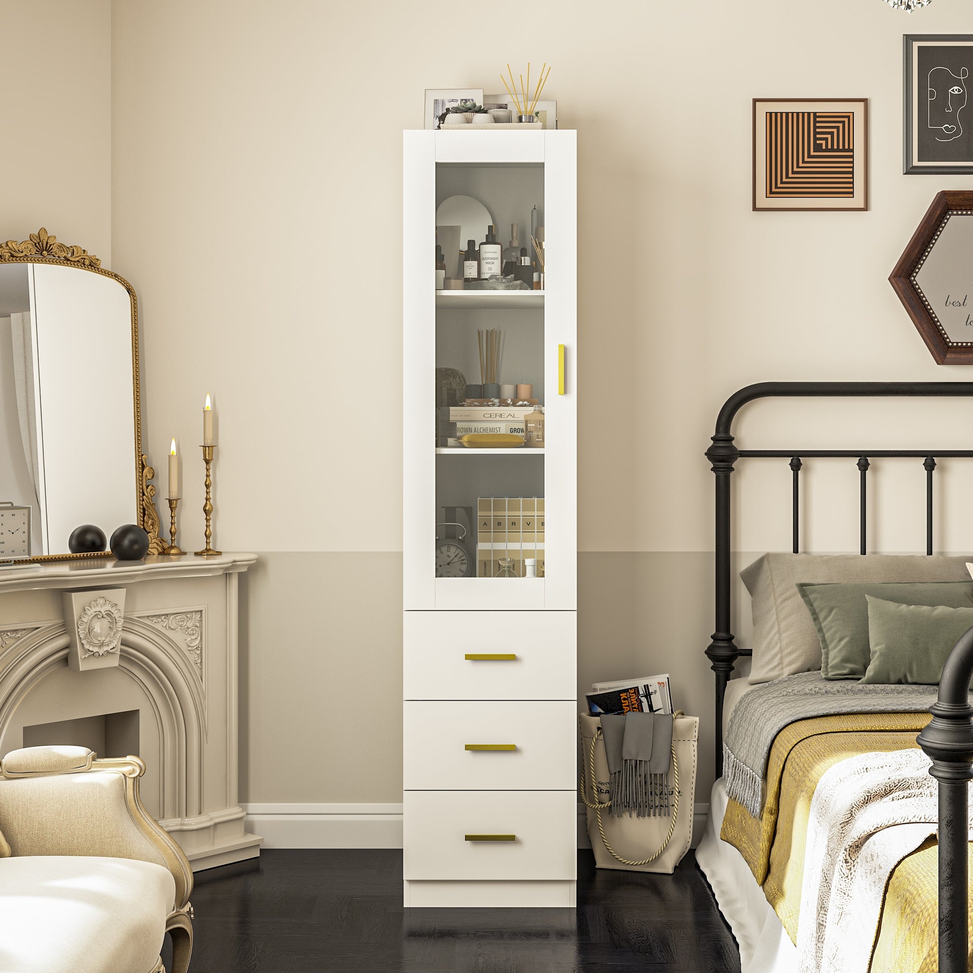 70.9H Combo Chest Dresser Storage Cabinet with Glass Door White - - 37904444