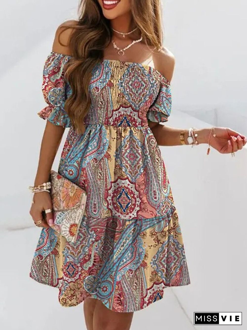 One Word Collar Short Sleeve Sexy Backless Dress Women Summer Fashion Floral Print Dress Elegant Wrap Breast Off Shoulder Dress