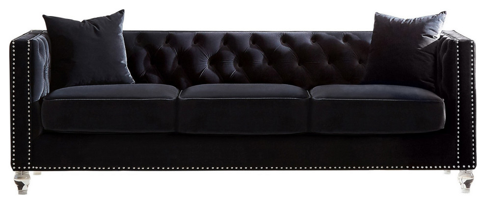 Benzara BM286333 Wood Tuxedo Sofa  Button Tufted  Mirror Accent  Black Velvet   Eclectic   Sofas   by Uber Bazaar  Houzz