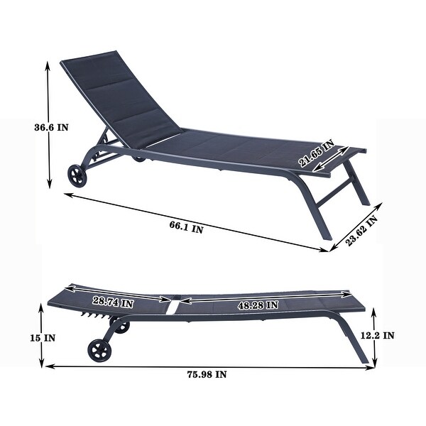 2-Piece Patio Chaise Lounge Set 5-Position Adjustable on Wheels Black