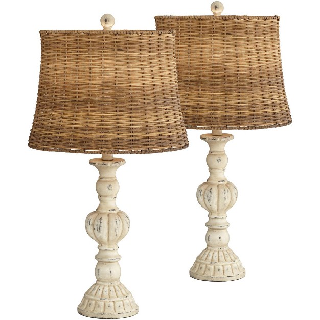 High Set Of 2 Antique White Candlestick Rattan Tapered Drum Shade For Bedroom Living Room