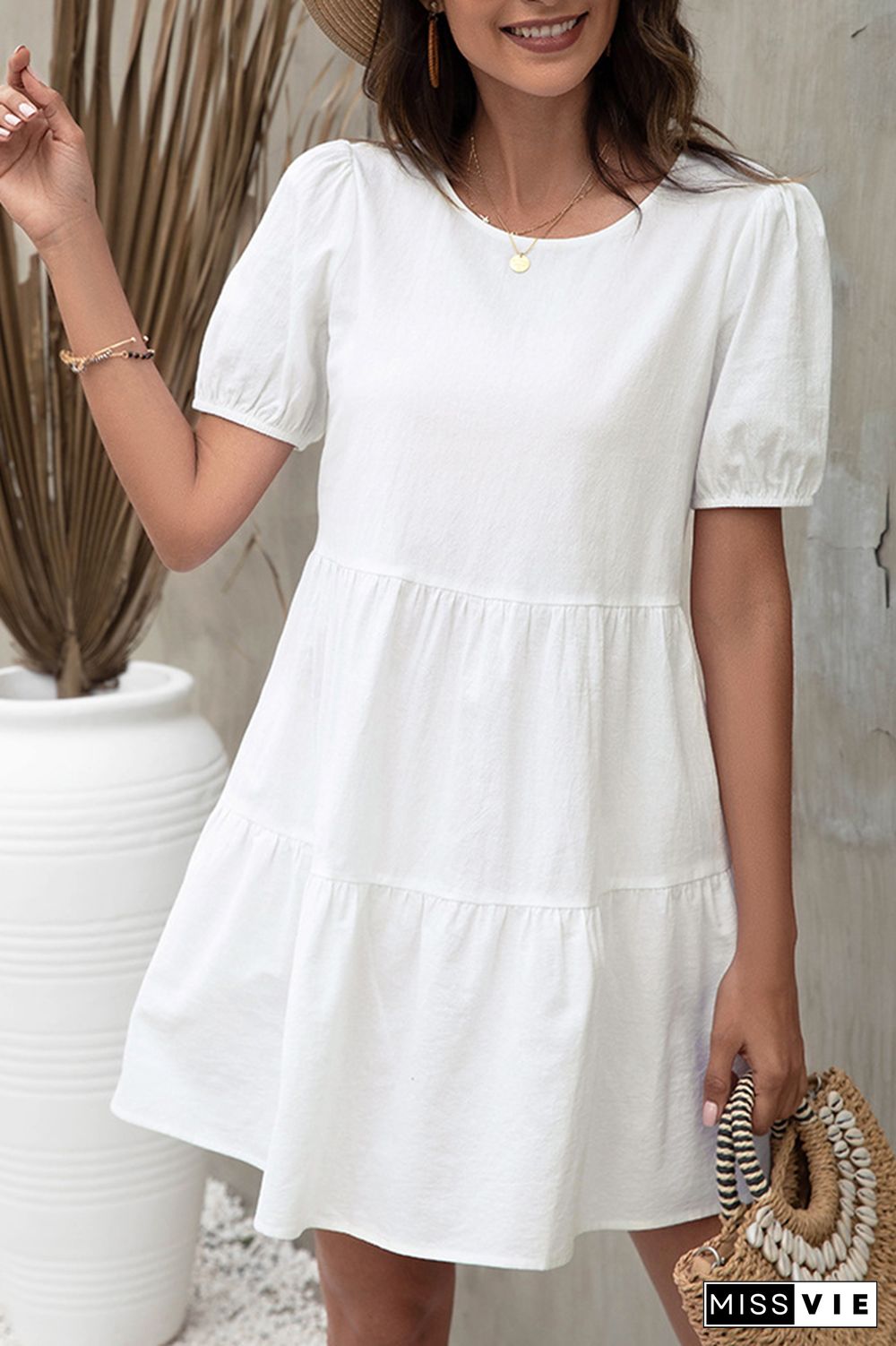 Solid Color Puff Sleeve O-neck A-line Dress Wholesale