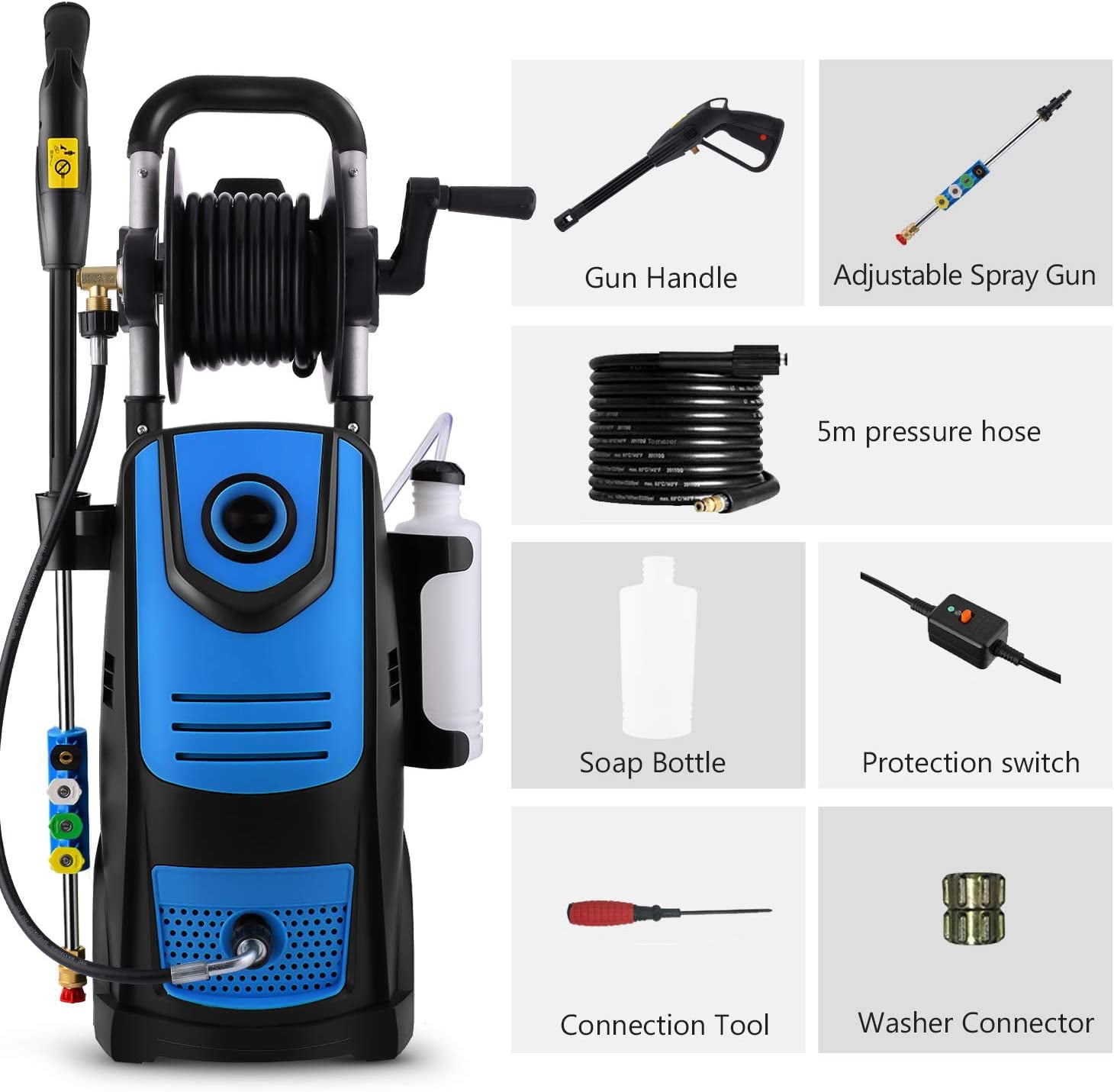 Electric Pressure Washer,1.8GPM Pressure Washer with Power Hose Gun Turbo Wand,1800W High Power Washer Cleaner Machine with 5 Interchangeable Nozzle & Hose Reel, for Cleaning Patio, Garden,Yard Green