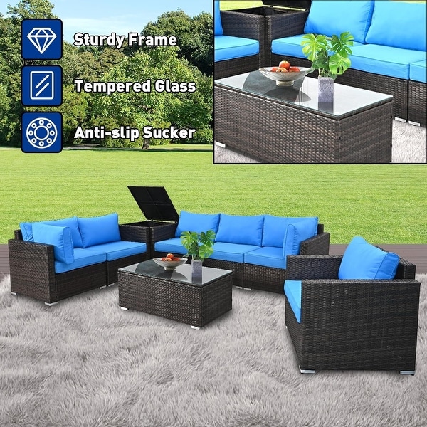 8Pieces Brown Wicker Outdoor Sectional Set with Glass Coffee Table