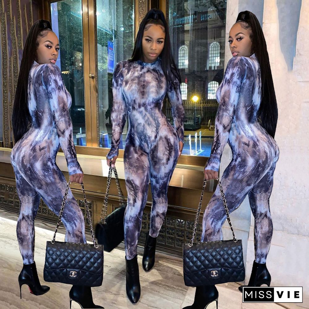 Tie Dye Long Sleeve O Neck Bodycon Jumpsuit