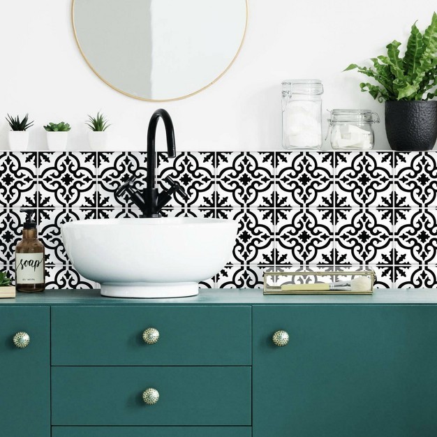 Ornate Tile Backsplash Peel And Stick Giant Wall Decal Black white Roommates