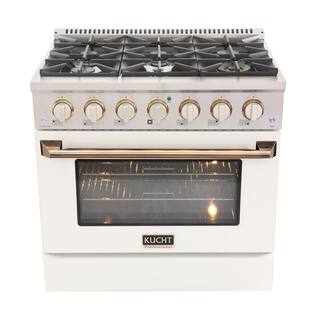 Kucht Custom KNG 36 in. 5.2 cu. ft. Natural Gas Range with Convection Oven in White with White Knobs and Gold Handle KNG361-W-GOLD