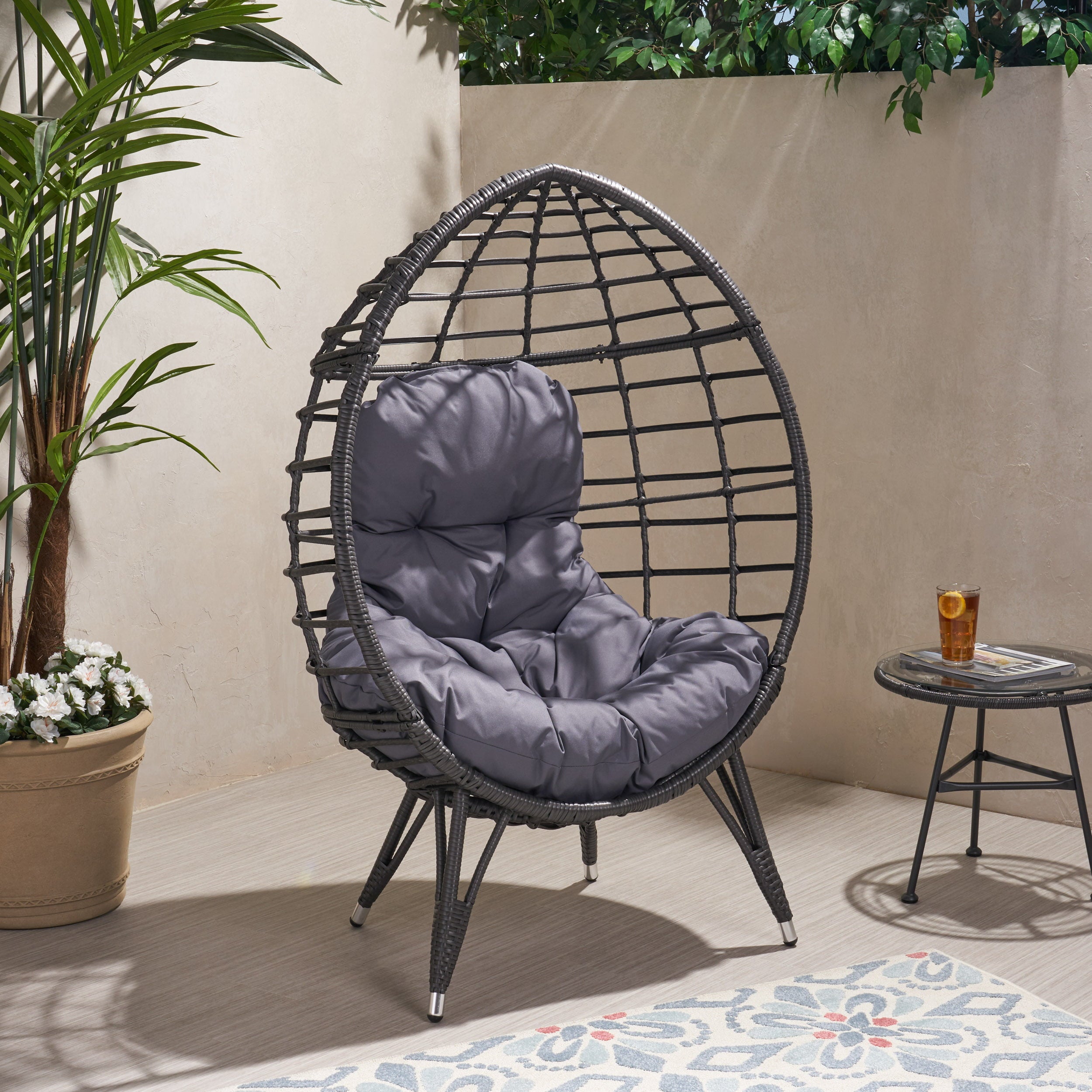 Kavani Outdoor Wicker Teardrop Chair with Cushion, Gray and Dark Gray