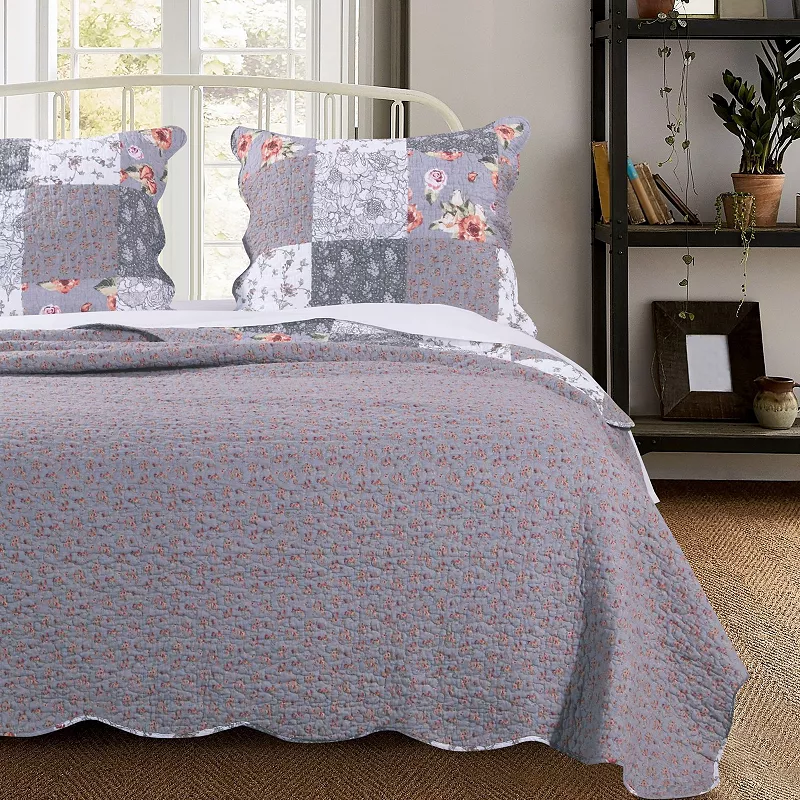 Microfiber Quilt and 1 Pillow Sham Set with Floral Prints， Multicolor