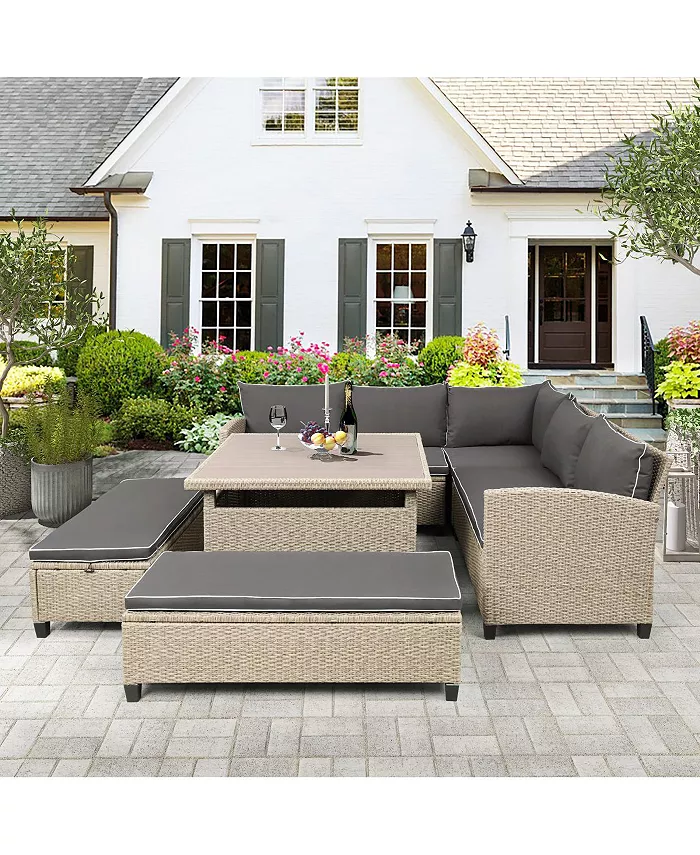 Simplie Fun 6-Piece Patio Furniture Set Outdoor Wicker Rattan Sectional Sofa with Table and Benches for Backyard Garden Poolside