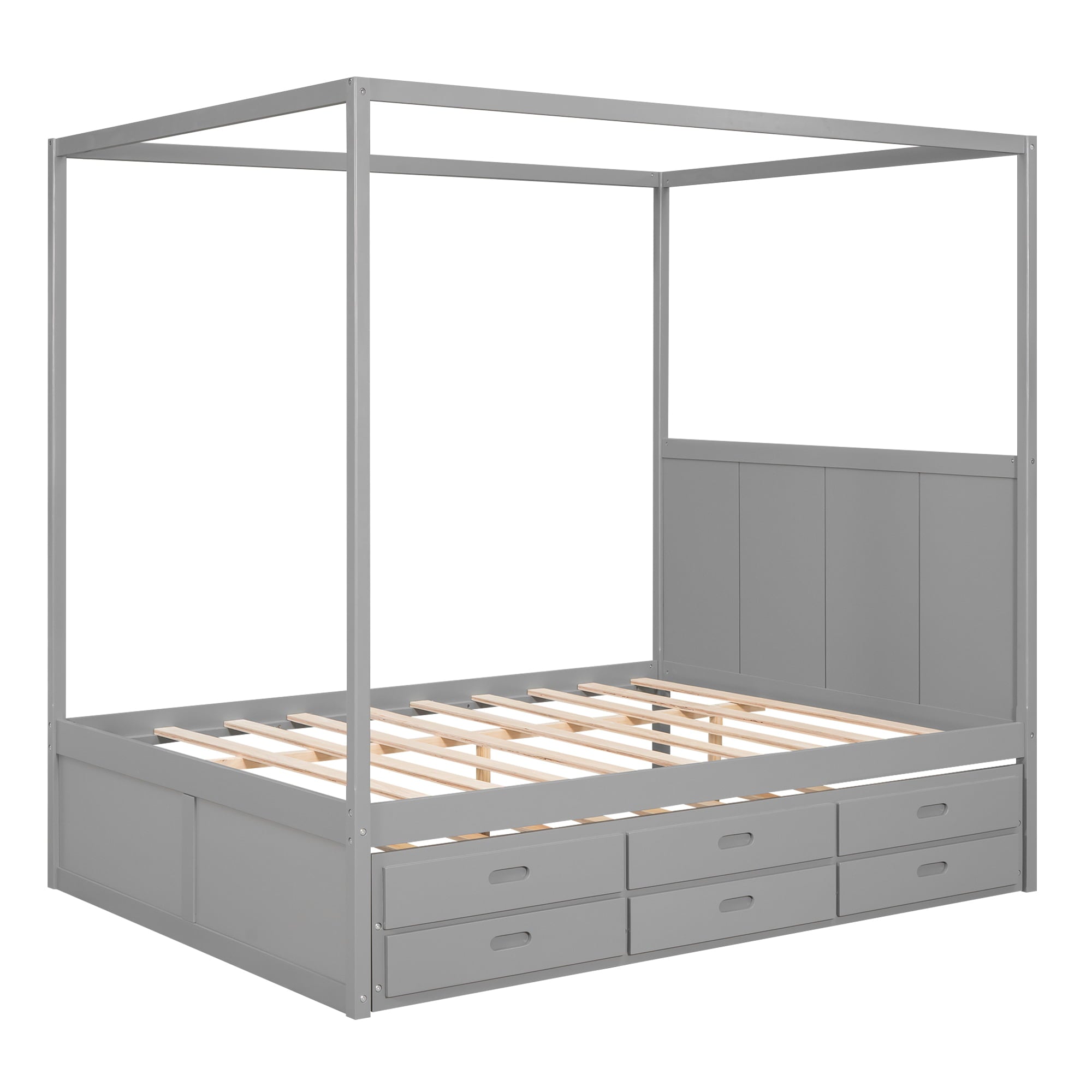 EUROCO Queen Size Canopy Platform Bed with Trundle and Drawers, Gray