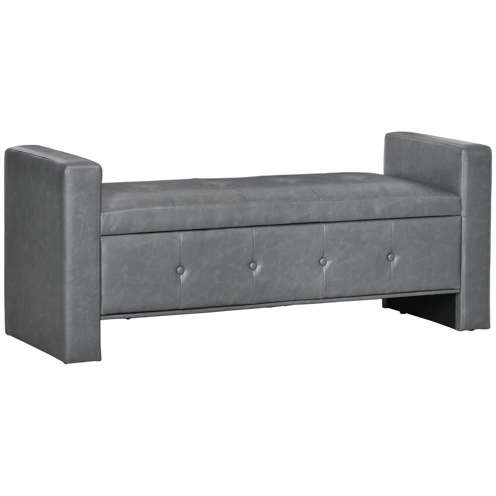 End of Bed Bench  Storage Ottoman Bench with Hinged Lid  Faux Leather Upholstered Bench with Button Tufted Design and Armrests