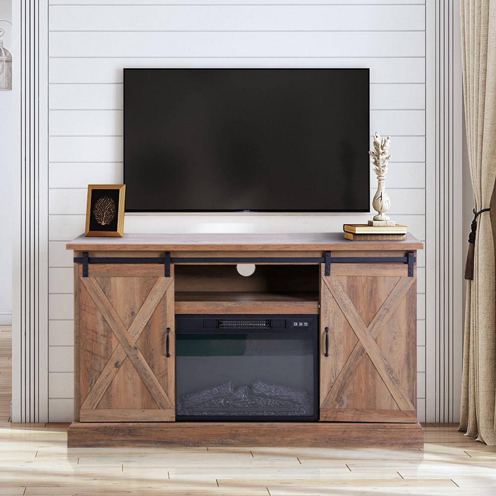 PHI VILLA 47 in. Rustic Barnwood Sliding Double Barn Door Electric Fireplace TV Stand THD-IF-490-18