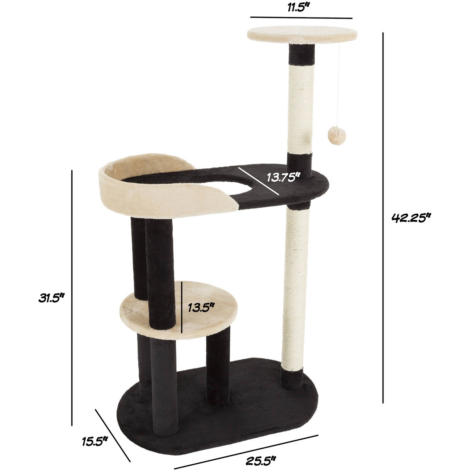 3-Tier Cat Tower with 2 Napping Perches， Peek Hole， 2 Sisal Rope Scratching Posts， and Hanging Toy – Cat Tree for Indoor Cats by PETMAKER (Black)